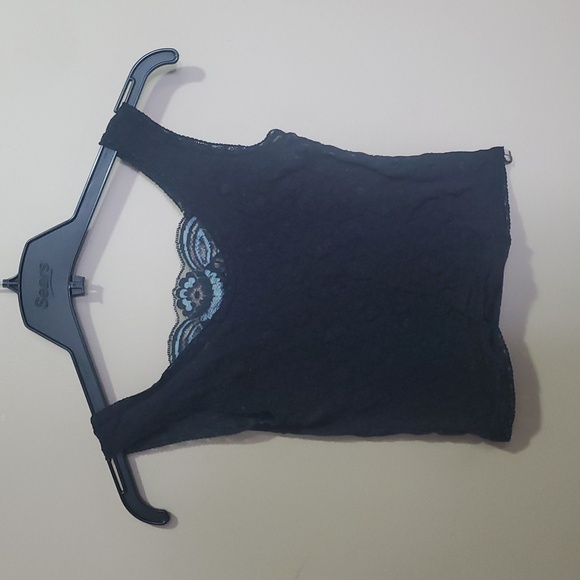 Elegant Black Lace Top with Blue Embroidery Size Medium - Picture 3 of 4